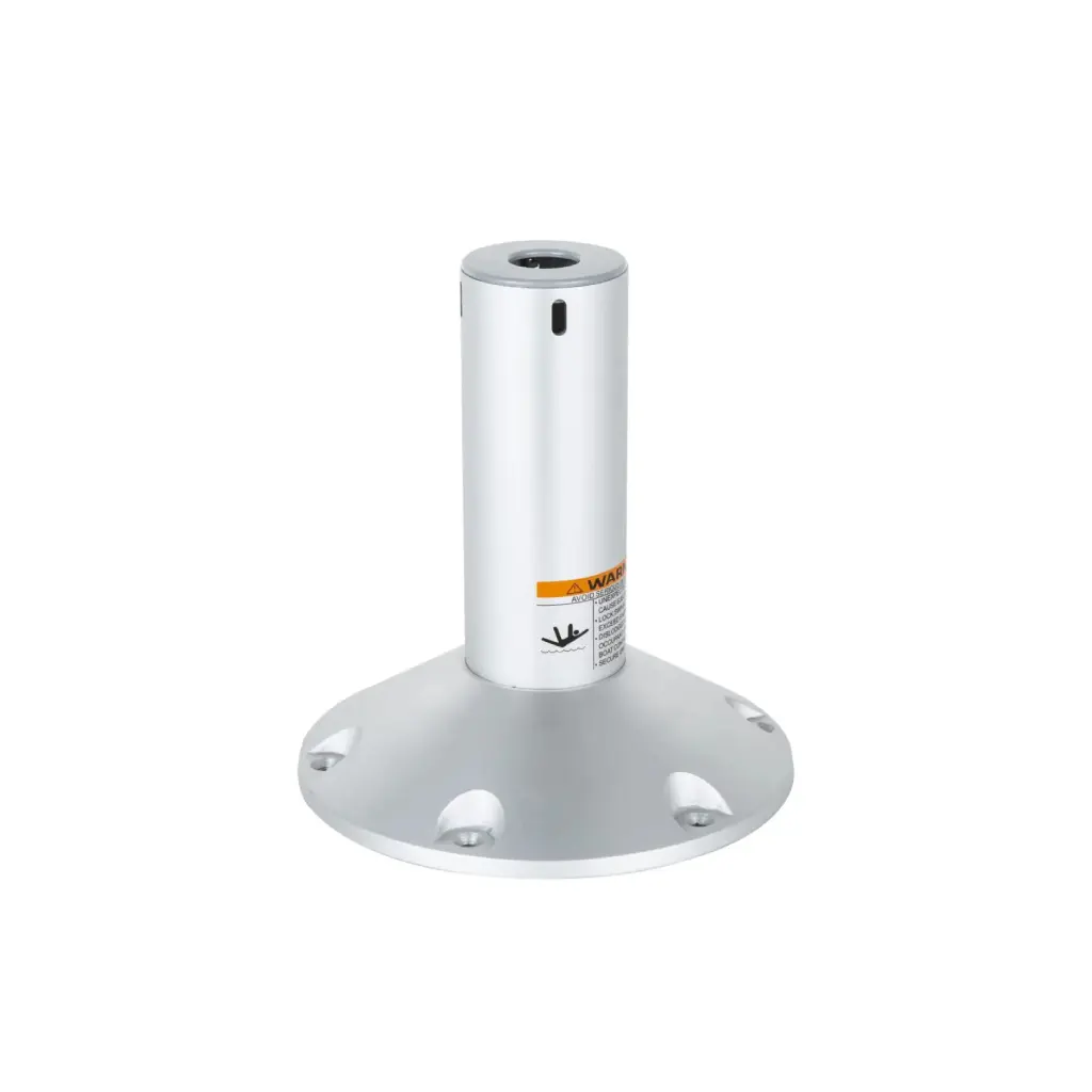 A white pedestal with a yellow and orange logo.