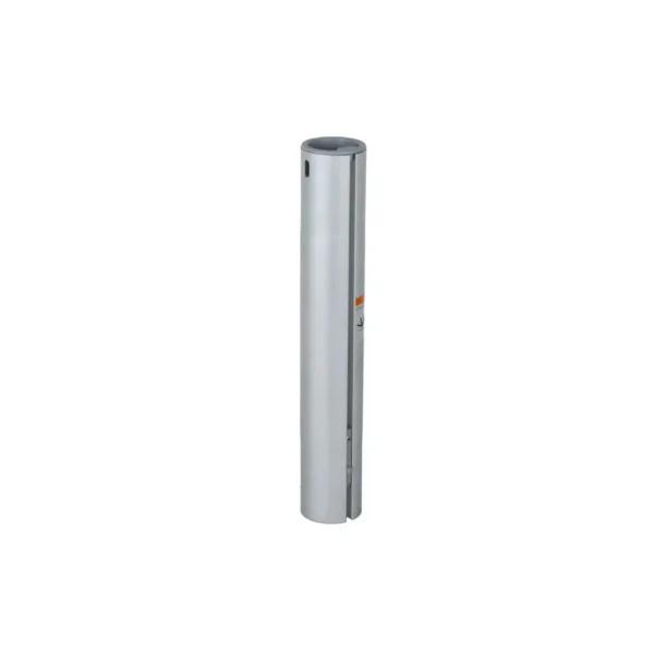 A silver pole with an orange button on it.