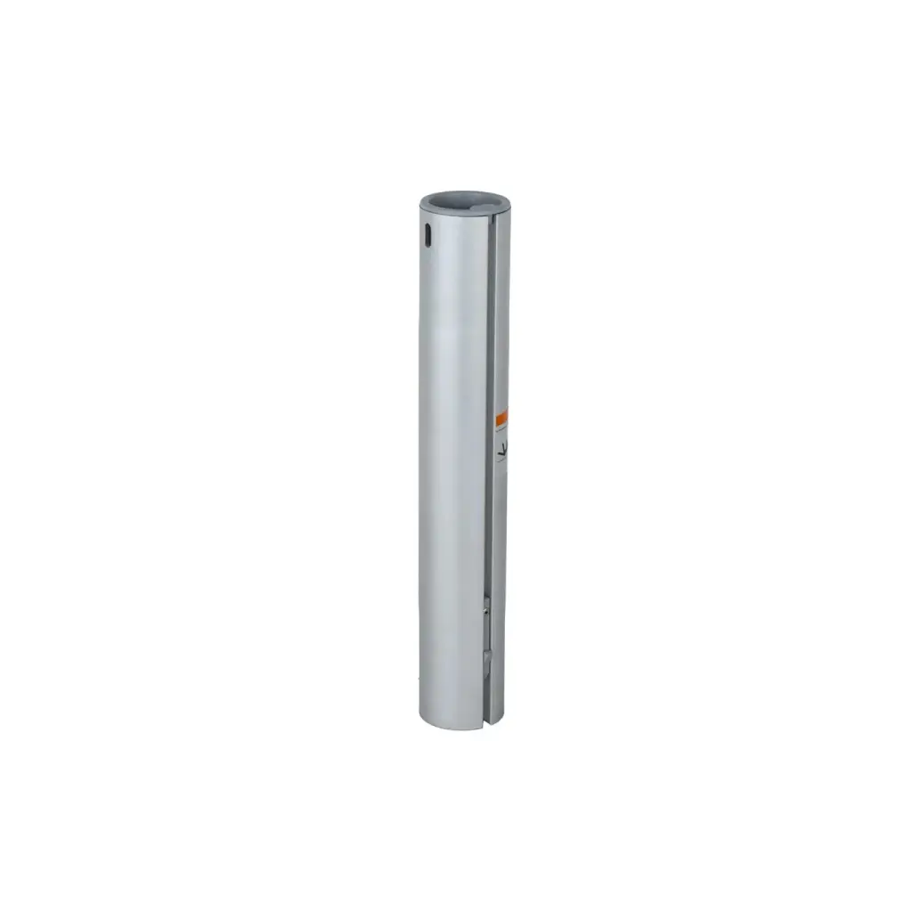 A silver pole with an orange button on it.