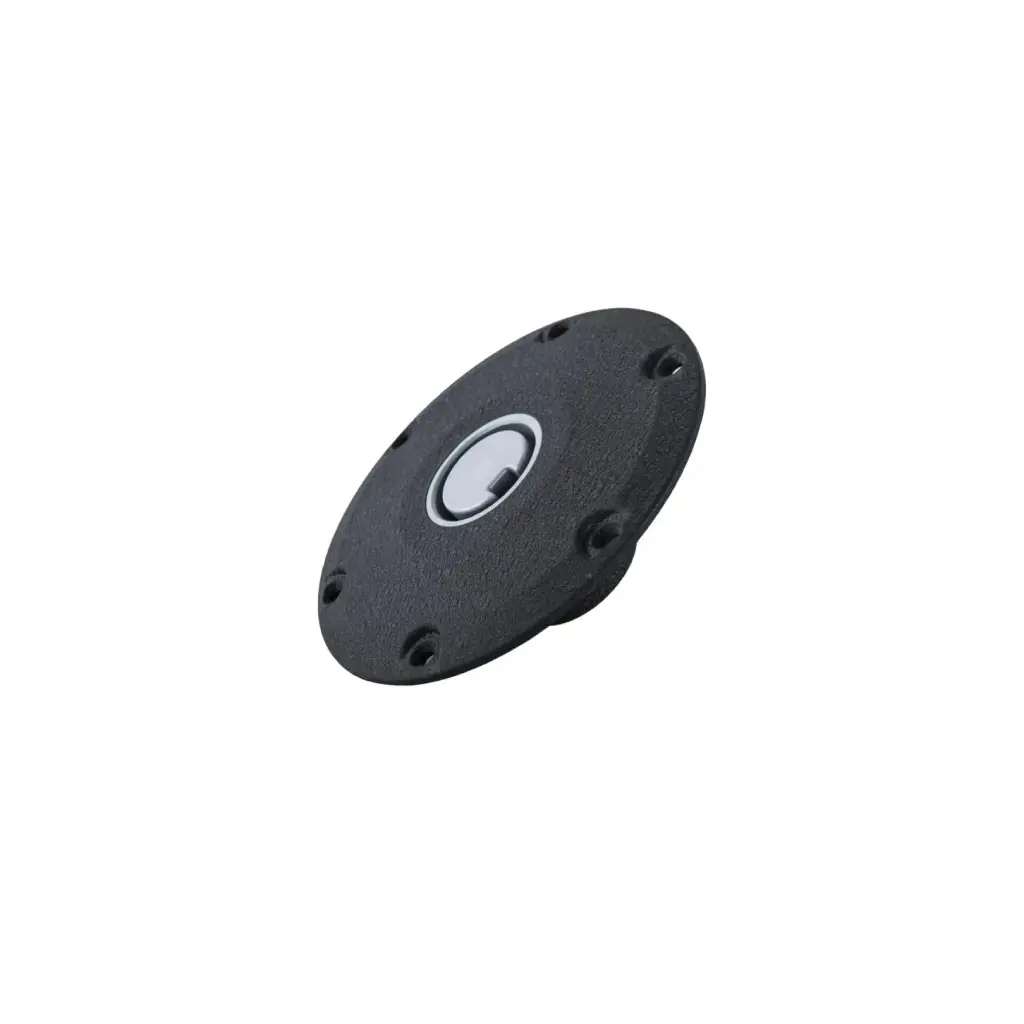 A black round speaker with a white button.