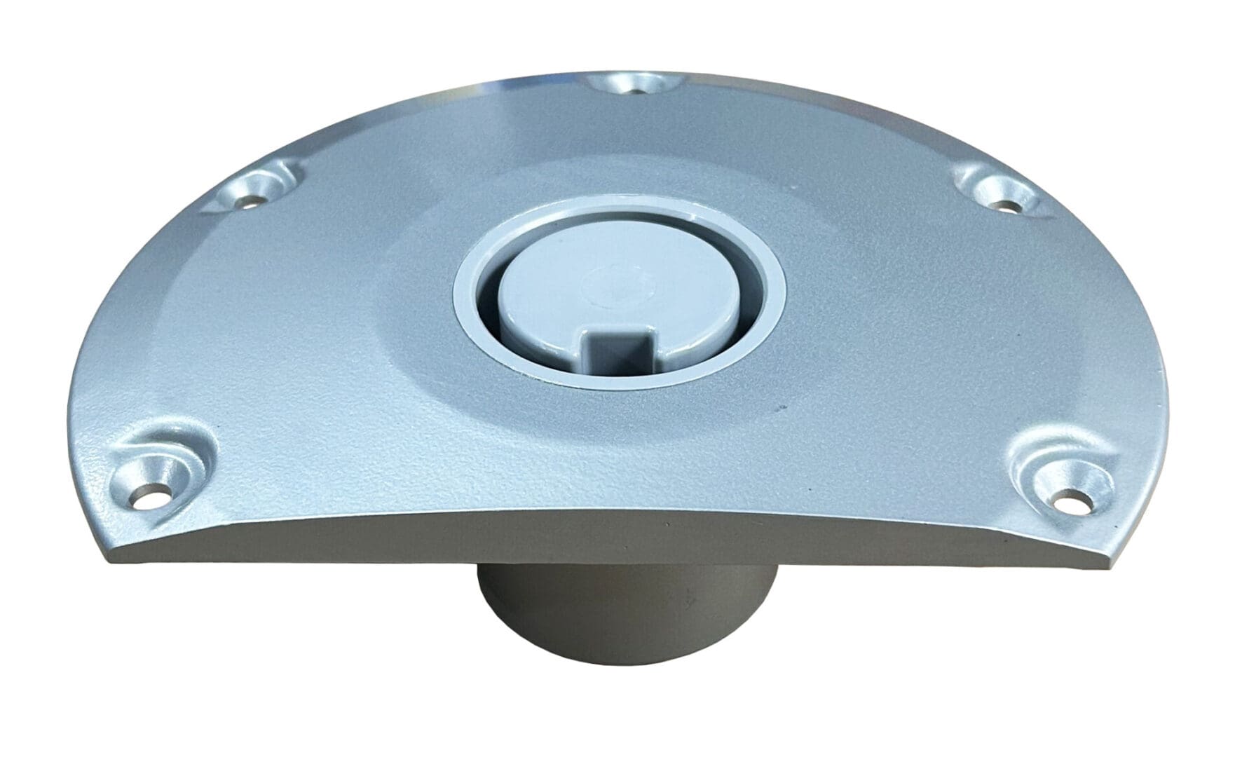 Metallic circular floor drain with screws.