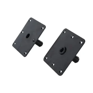 A pair of black metal stands with two holes for mounting.