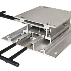 Aluminum sliding platform with handles.