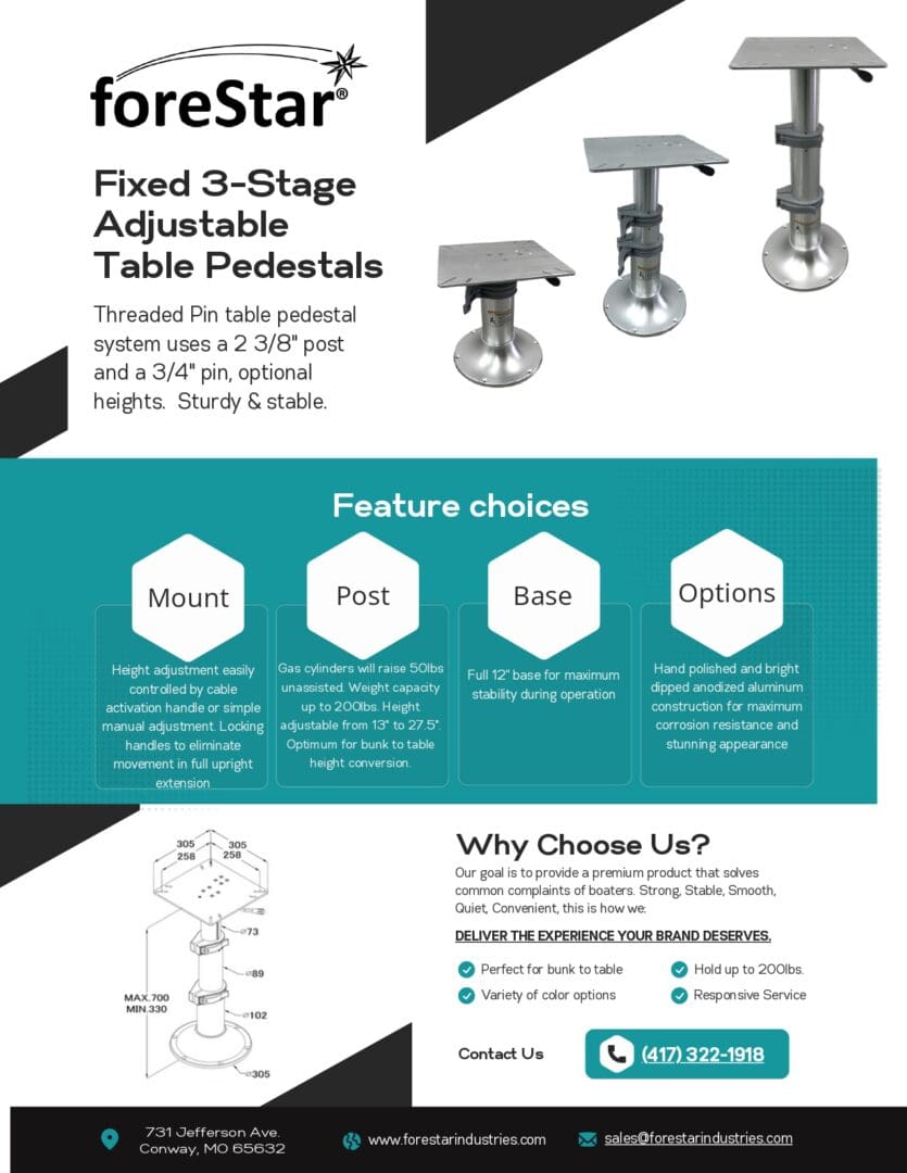 A flyer with the features of fixed 3-stage adjustable table pedestals.