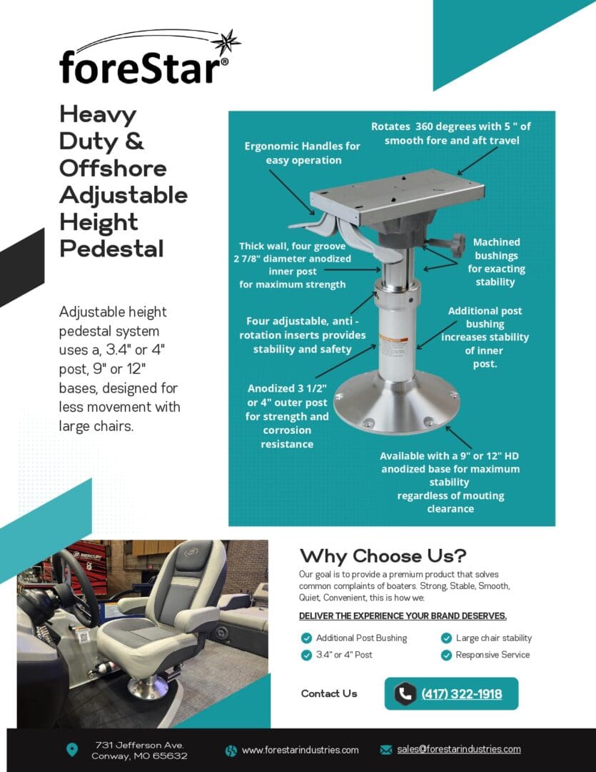 A flyer with information about the height of a heavy duty and offshore adjustable pedestal.