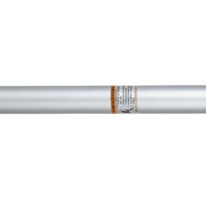 Silver cylindrical metal rod with label.