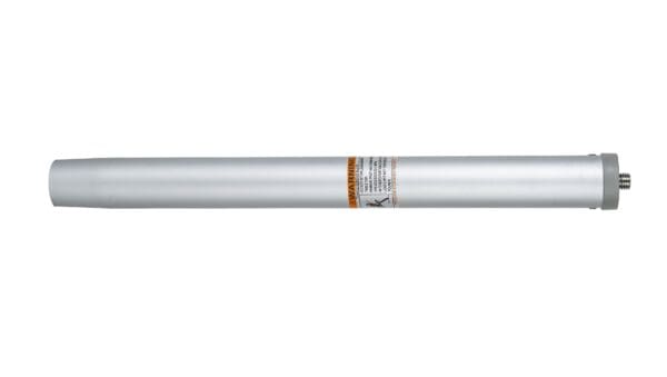 Silver cylindrical metal rod with label.