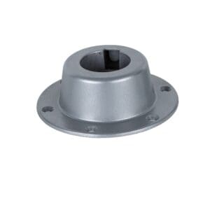 Gray metal flange with central hole.