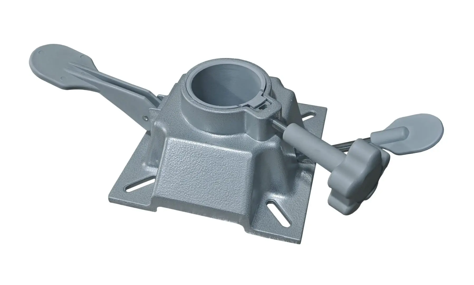 Gray metal bracket with adjustable levers.