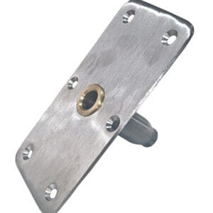 Metal mounting plate with central hole.