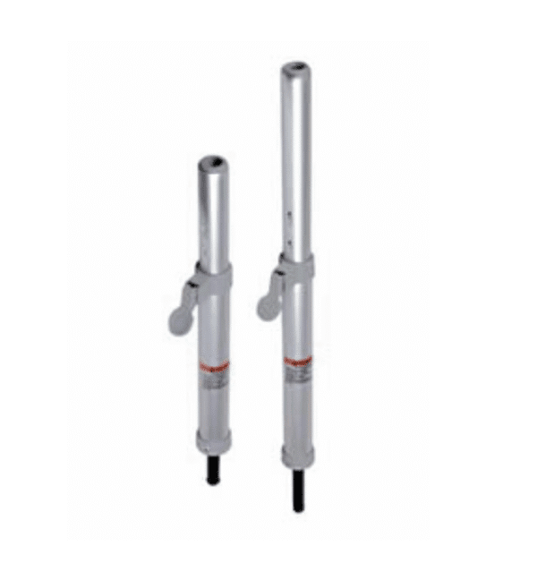 Adjustable metal poles with locking mechanisms.