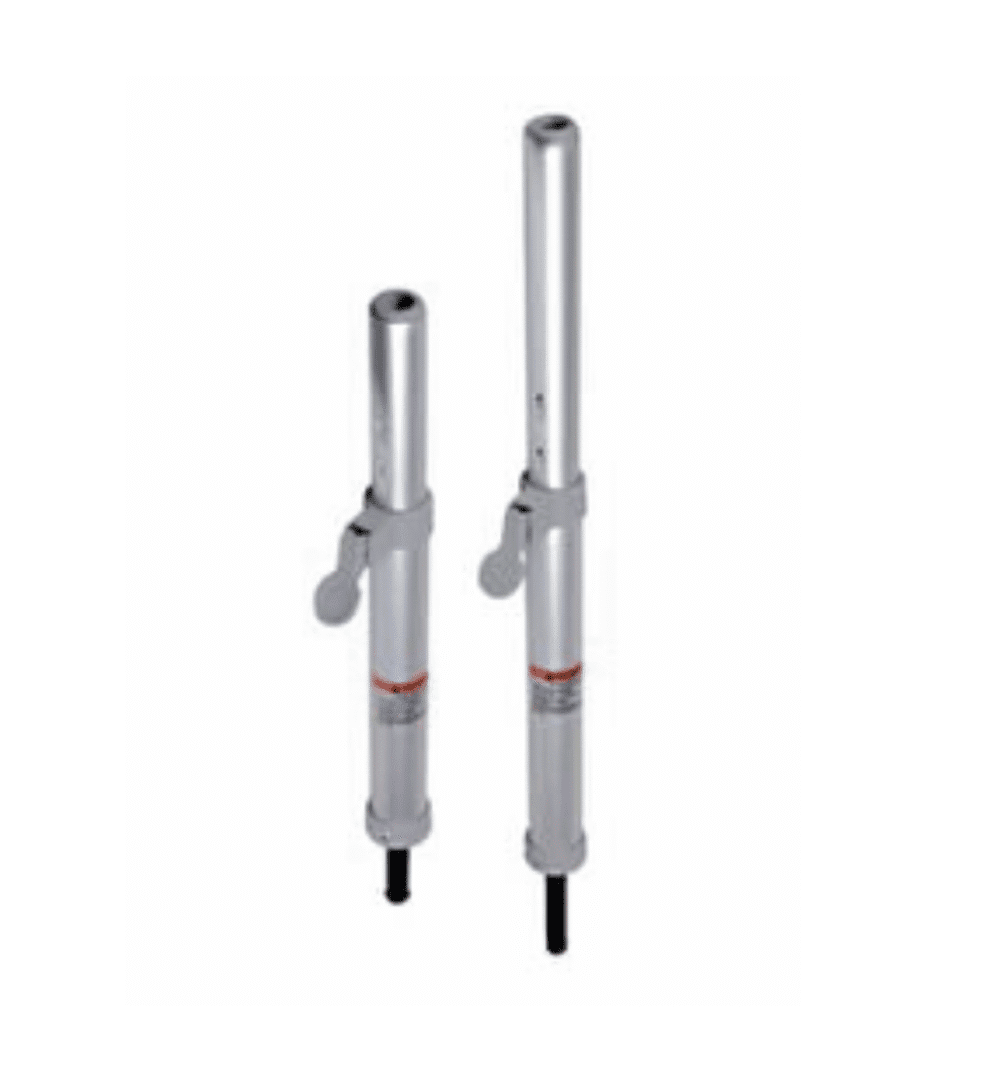 Adjustable metal poles with locking mechanisms.