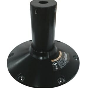 Black metal base with warning label.