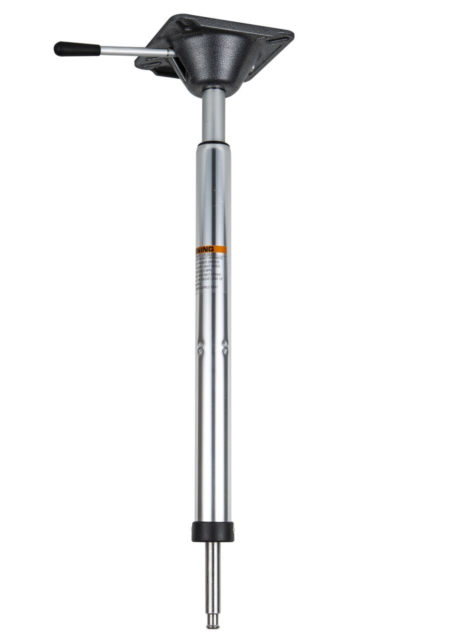 A silver pole with a black handle and a yellow triangle on it.